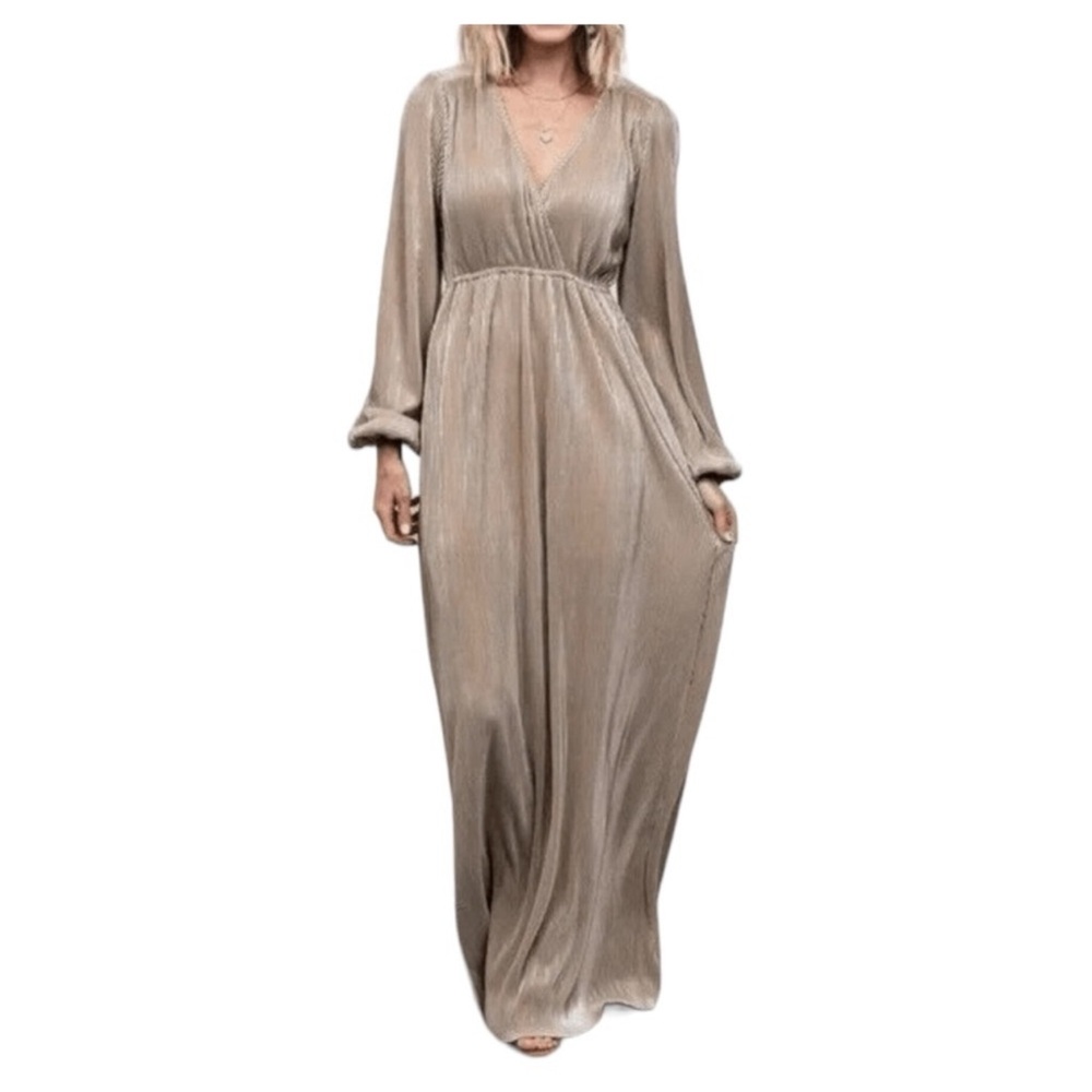 Baltic Born Taupe Long Sleeve Pleated Maxi Dress